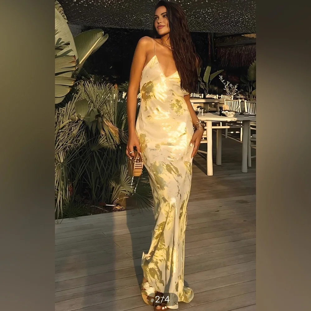 Metallic Print V-Neck Backless Slip Long Dress Commense CM4 size XS - Picture 2 of 9